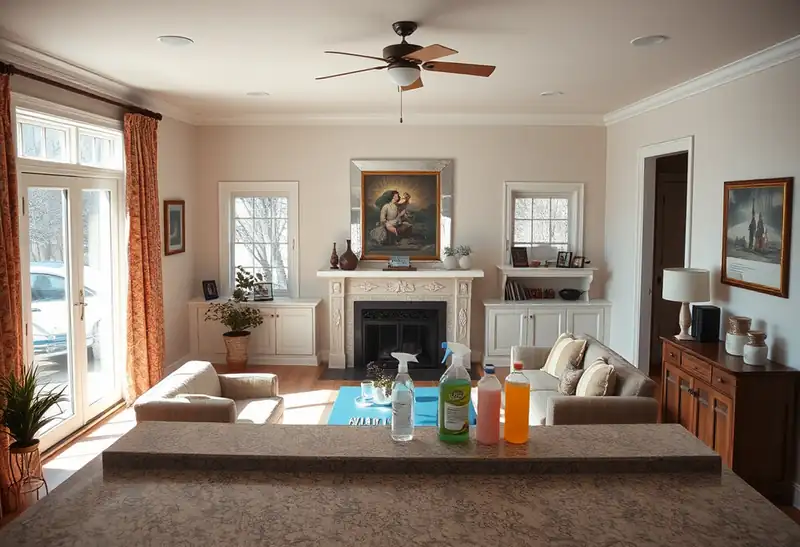 Illustration of clean bright living room with cleaning supplies on a counter, as found in 1994-era homes